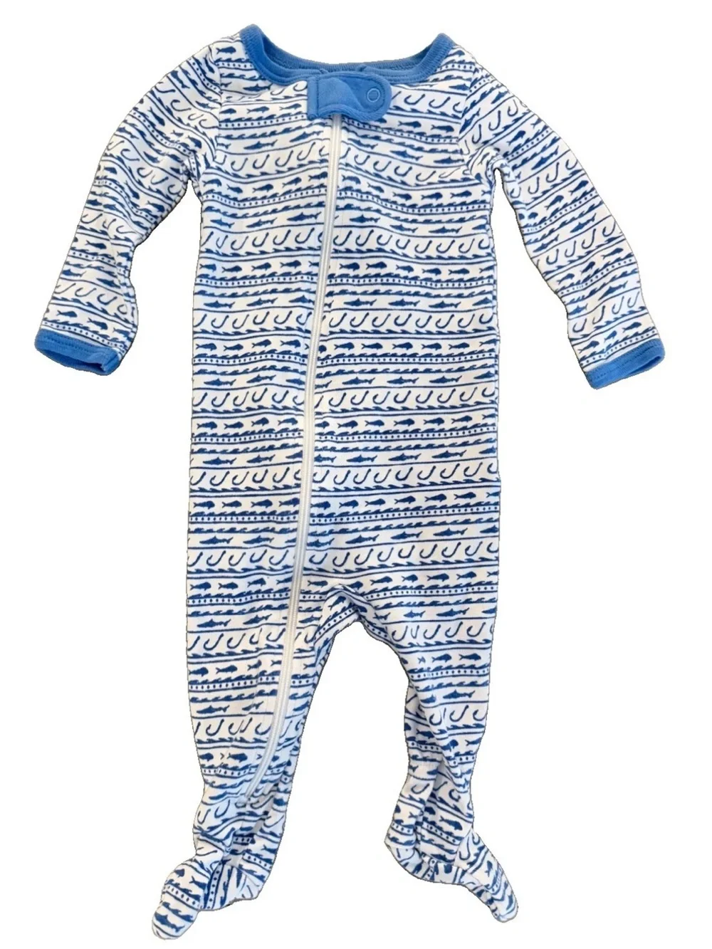 Vineyard Vines 0-3m Boy White Blue Fish Zipper Footed Pajamas, Pima Cotton EUC